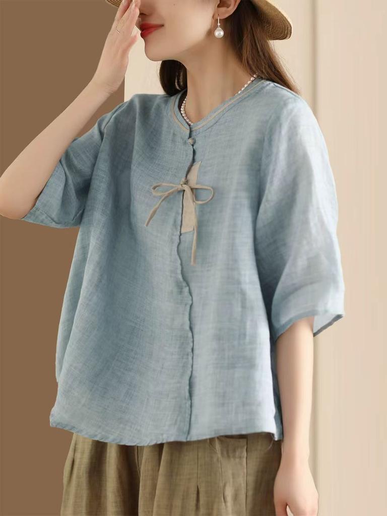 Johnature Women Vintage Shirts Tops Stand Half Sleeve Blouses Summer Button Chinese Style Loose Shirts