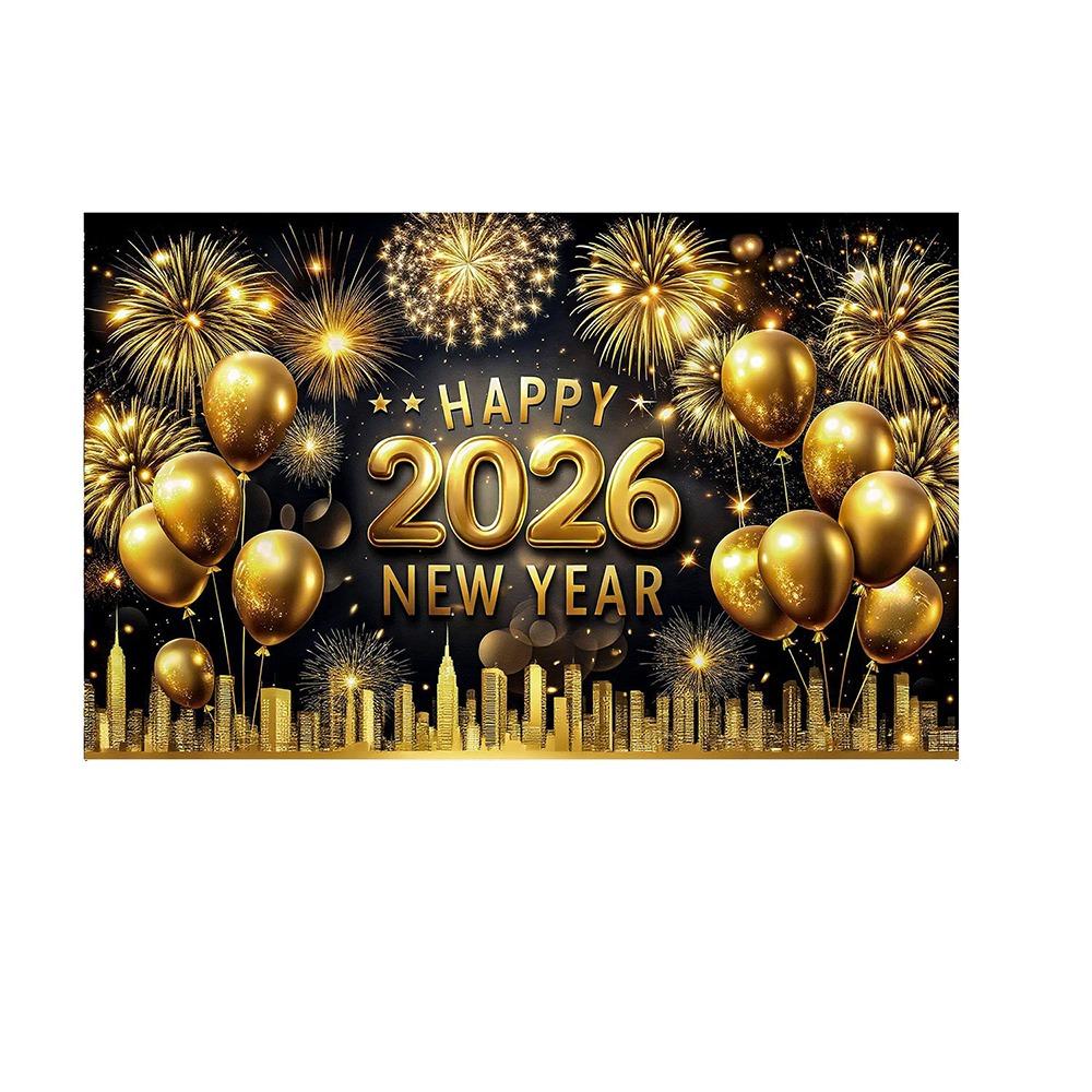 Black Gold 2026 New Year Backdrops Polyester Night Glittering Party Background Colorful Balloon Champagne Photo Background