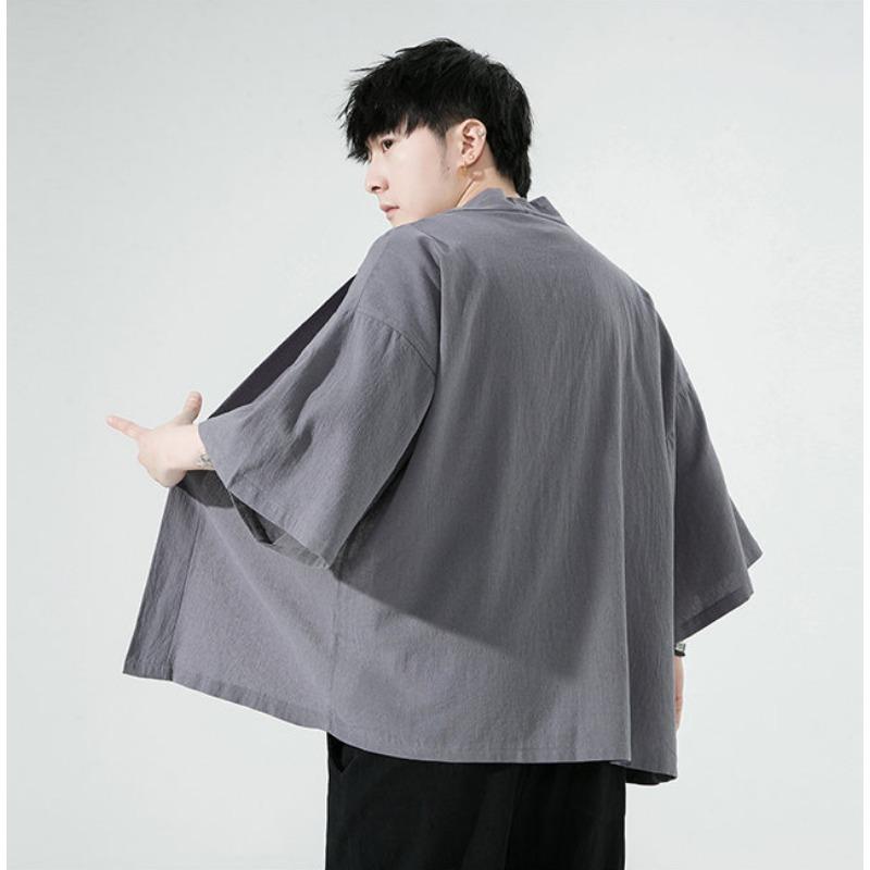 Летний мужской простой однотонный кардиган, повседневная свободная рубашка в китайском стиле с рукавом три четверти, ветровка большого размера