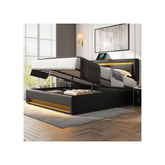 Мягкая кровать - MUVOE - 140 x 200 см - USB - Светодиодная подсветка - Хранение под кроватью