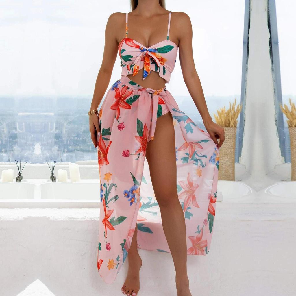 Купальник женский сплит-принт с высокой талией и треугольным бантом, бикини из трех частей