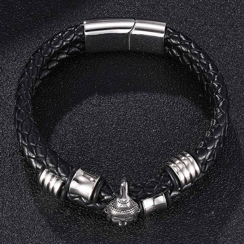Мужской браслет с головой Будды, аксессуары из натуральной кожи, застежка из нержавеющей стали, мужской браслет, приносящий удачу, ювелирные изделия