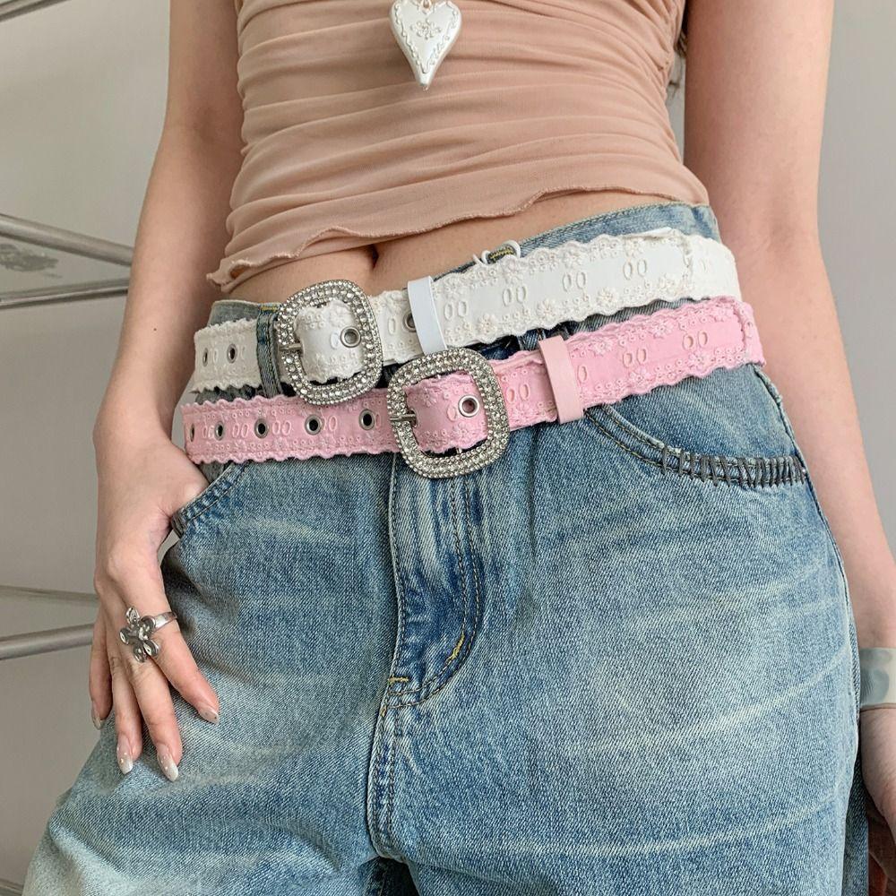 Y2K Lace Belt PU Leather Women Waistband Trend Rhinestone Belt  Jeans Accessories