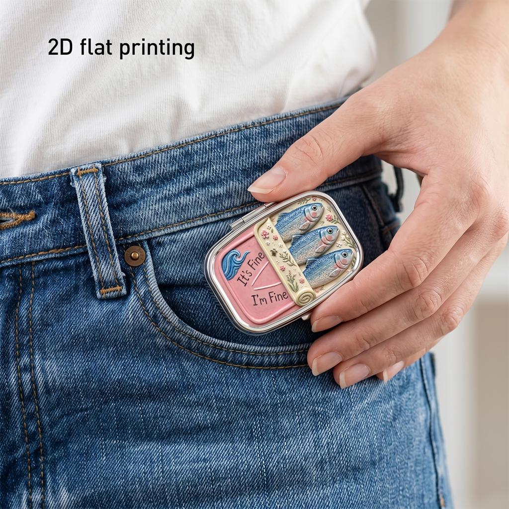 1Pc Retro Sardine‑Can Pattern Metal Pill Box, 2‑Compartment Portable Pocket Storage Case for Pills, Vitamins, Travel Gift