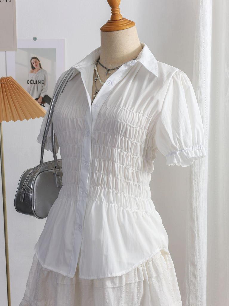 Летняя ретро рубашка в клетку Color Block с лацканами 2025 - Приталенная, с коротким рукавом