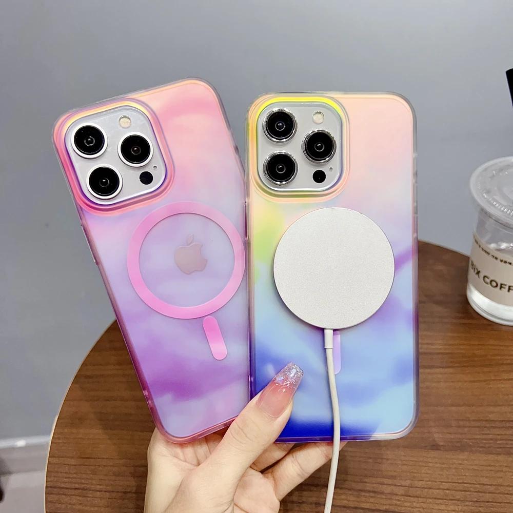 Градиент Аврора для Магнитного Чехла Magsafe для iPhone 15 14 16 17 Pro Max Air 13 16Pro Лазерная Цветная Роспись Акриловая Крышка