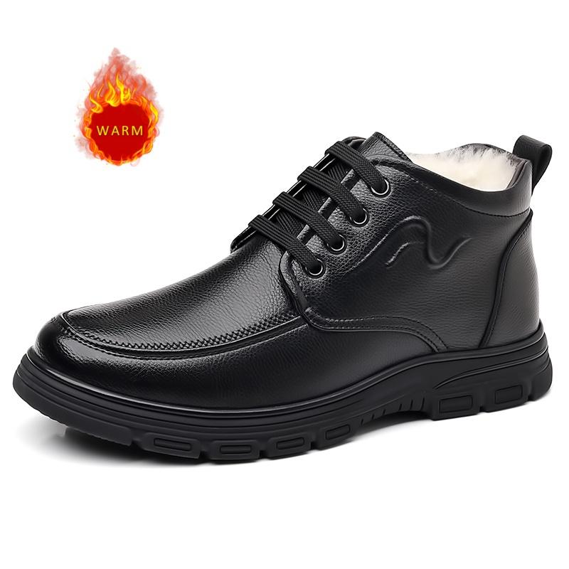Fashion Classic Brand Simple Black Men's Business Casual Shoes Leather High Top Shoes Winter New Men's Velvet Cotton Shoes Thick Sole