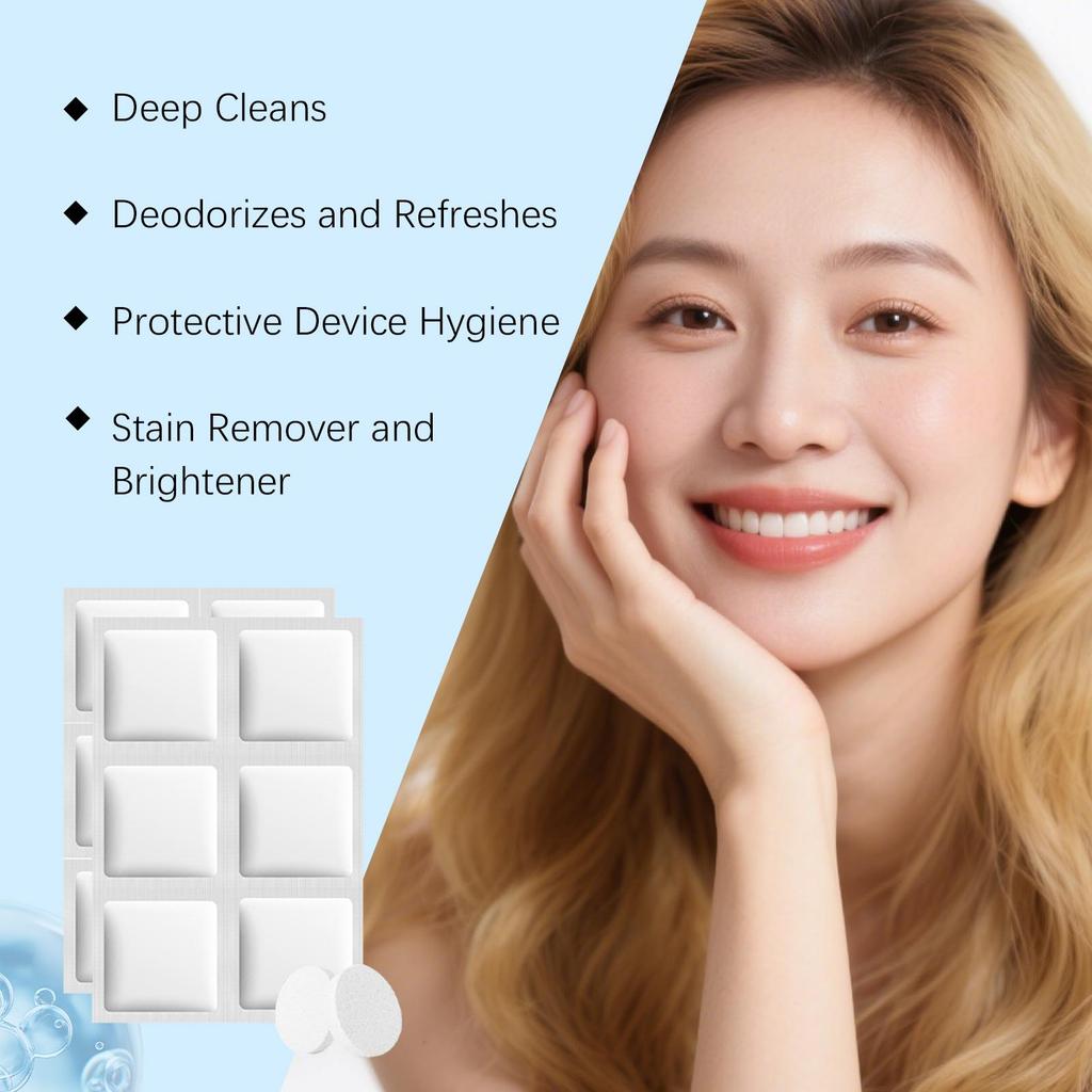 Шипучие таблетки для чистки зубных протезов: Ежедневная очистка от грязи и пятен зубных протезов, Шипучие таблетки для ухода за зубными протезами