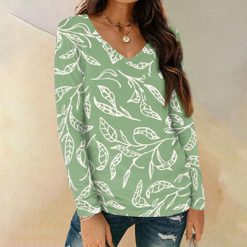 Женская мода повседневная блузка с длинным рукавом и цветочным принтом, V-образным вырезом и карманами