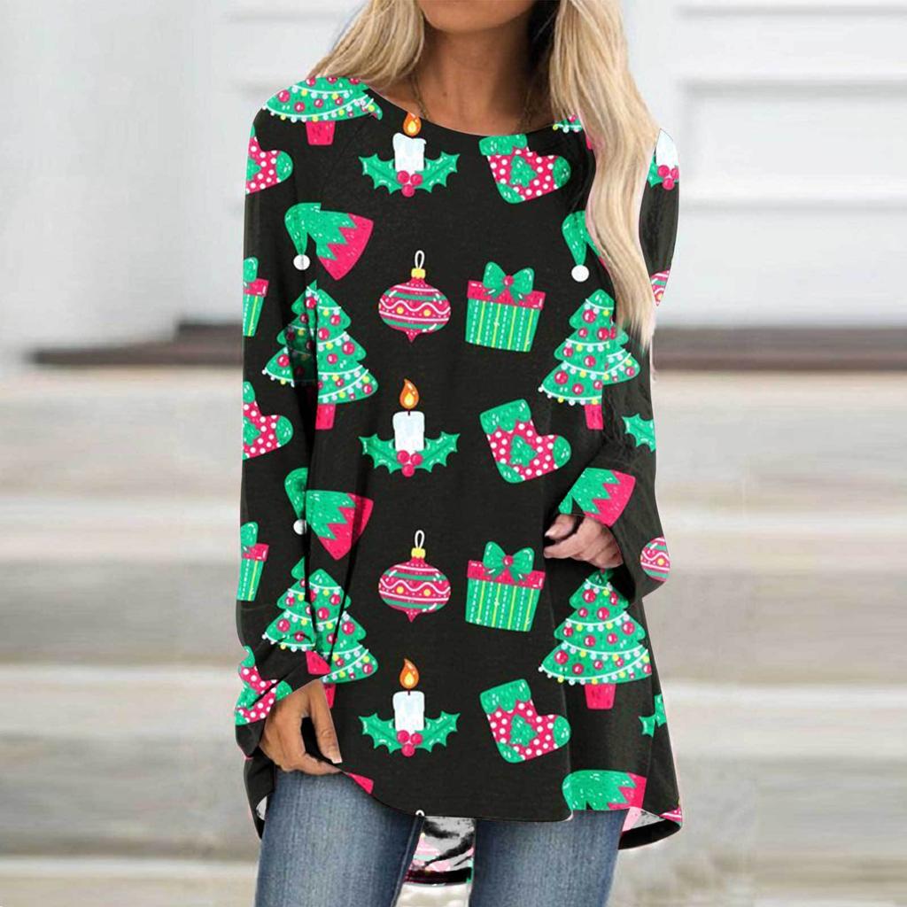 Рождественская елка 3D Принт Длинный рукав Футболка Женская мода Круглый вырез Длинная туника Топы Женщины Осенний рождественский подарок Футболка Femme Топы