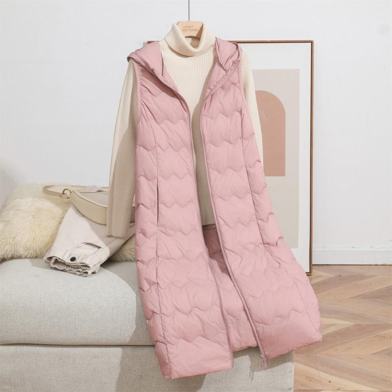Womens Lightweight Long Hooded Down Vest White Duck Filled Warm Sleeveless Outerwear