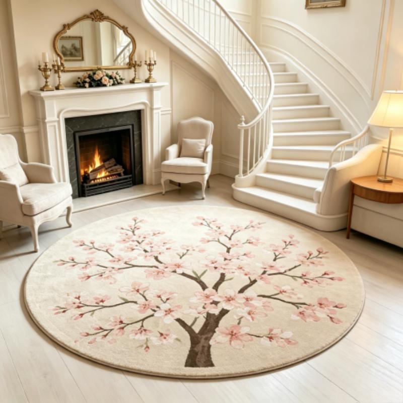 French Style Bedroom Decor Round Carpet Fluffy Soft Carpets for Living Room Thicken Plush Lounge Mat Flower Pattern Washable Rug