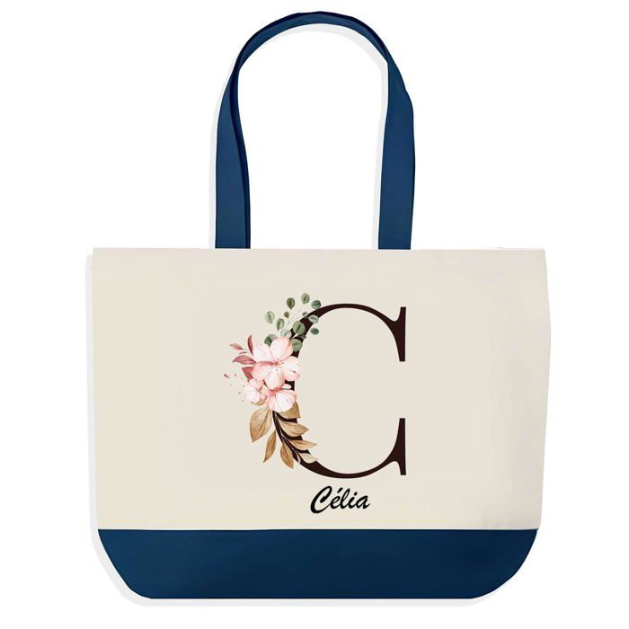 Sac shopping - PLANETEE - Célia - Bleu - Motif Lettre Fleur - 40 x 45 cm