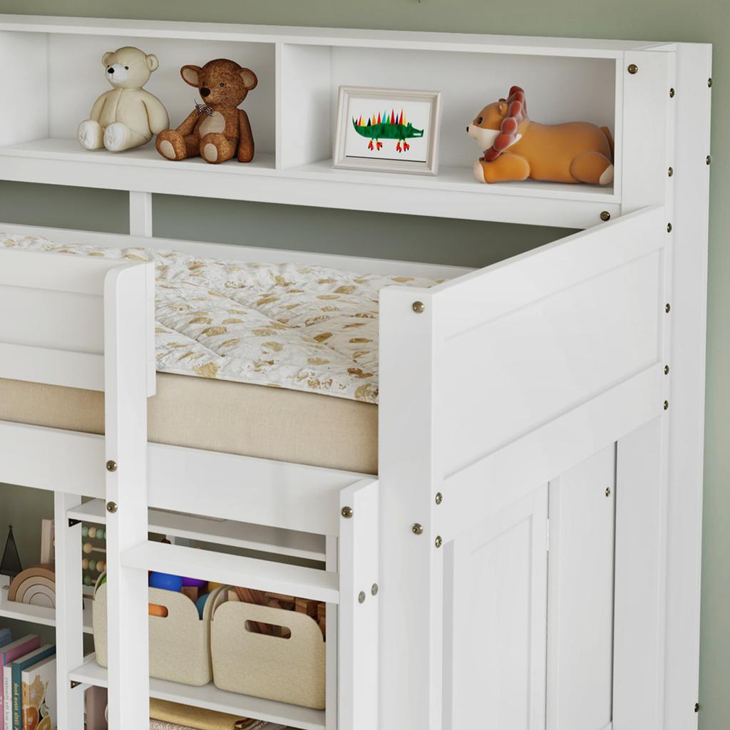 Bunk Bed with Desk and Wardrobe, Children's Bed, Fall Protection Rail, with Shelves and Four-Step Ladder, Storage, Pine+MDF+Plywood, White, 90x200cm