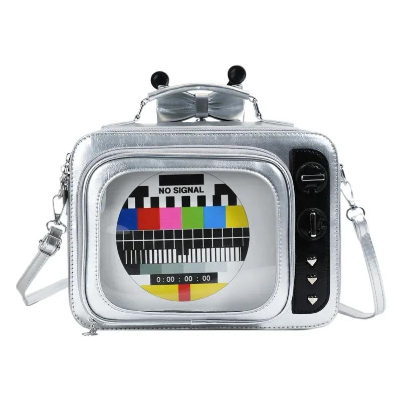 Large TV Shape Ita Bag Retro Style Women's Shoulder Backpack Leather Handbag Cartoon Square Design Personalized Square Bag