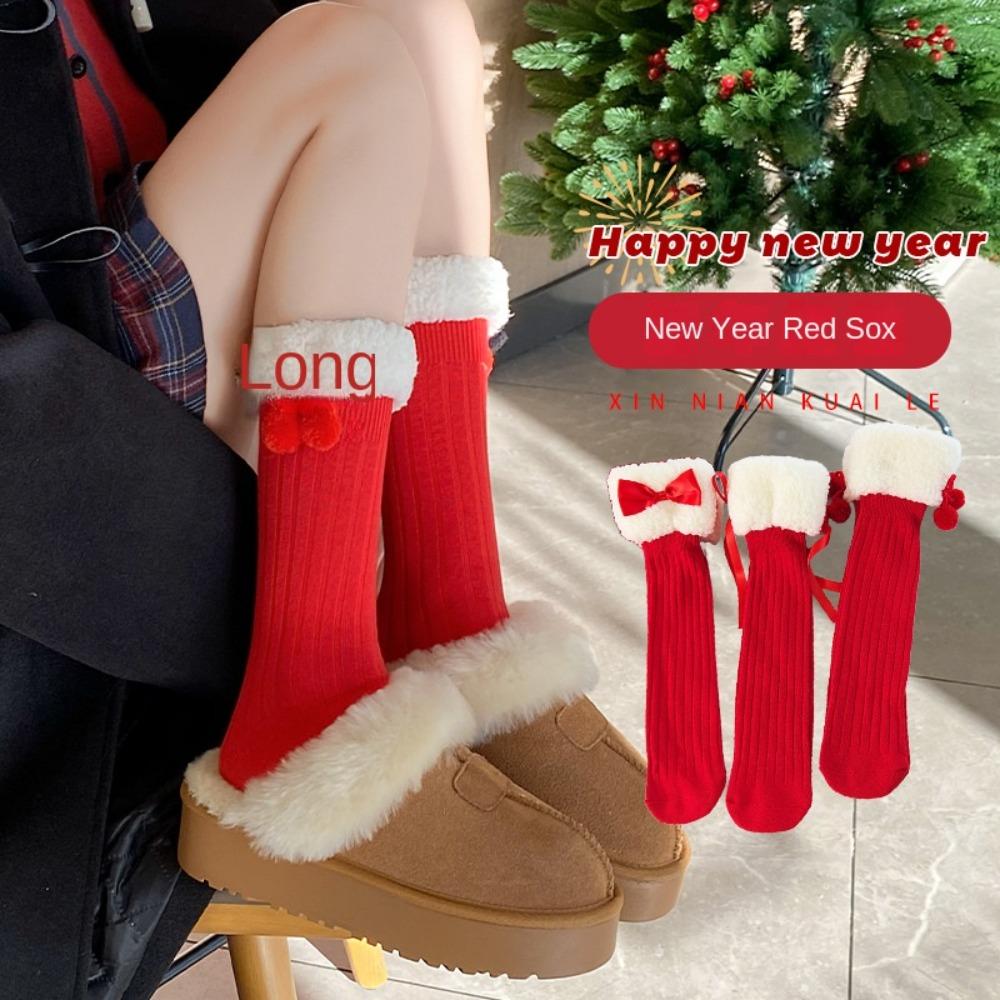 Personality Children Red Socks Breathable Bow Middle Tube Socks New Female Hosiery Christmas