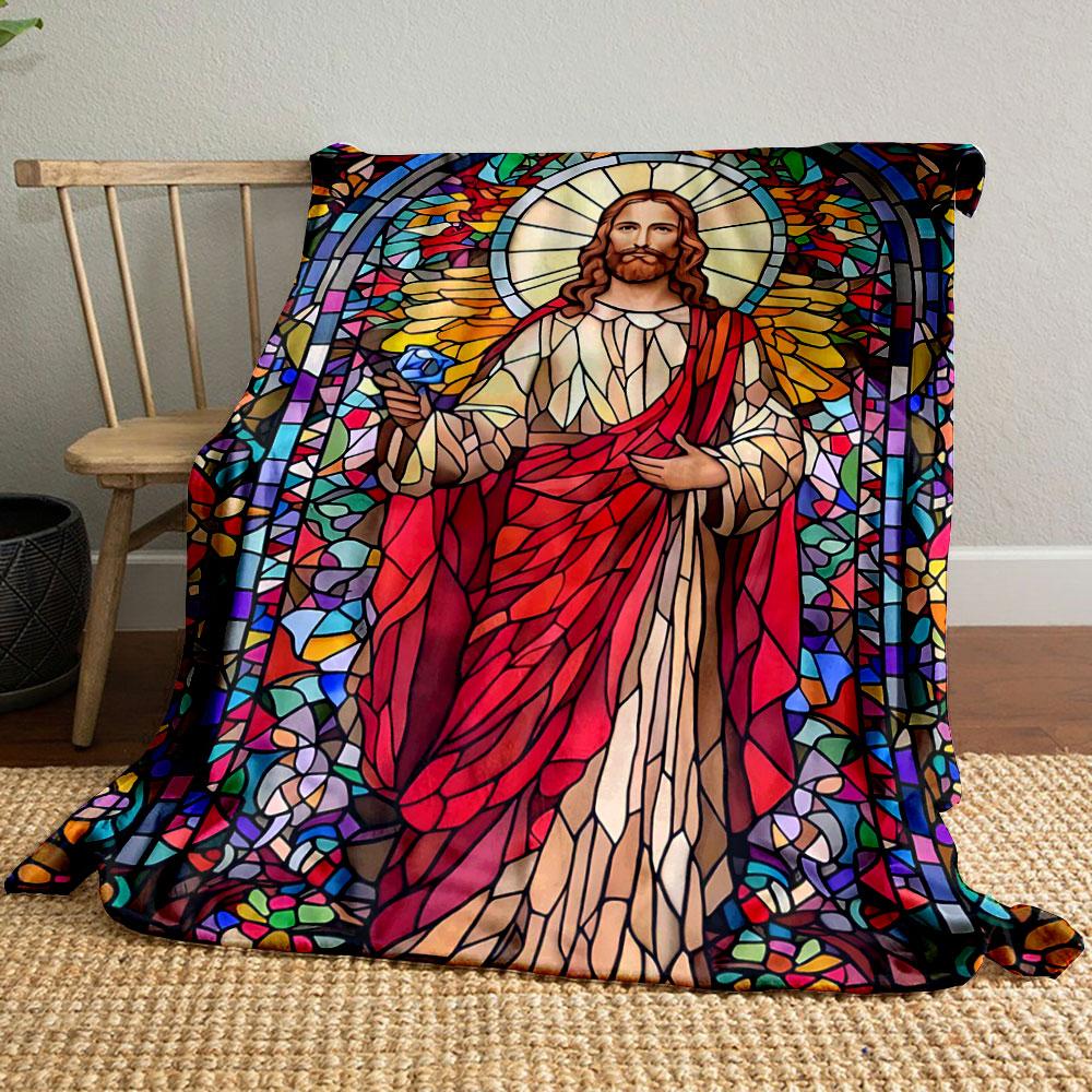 Jesus Stained Glass Pattern Blanket bedroom Blanket for Livingroom Couch lunch break Soft throw for Friend's festival Gift