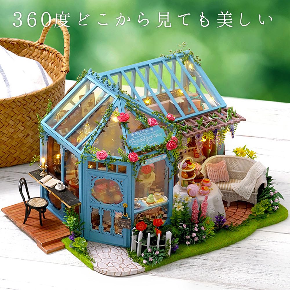 moin moin Dollhouse Miniature Handmade Kit Set Tea House with Rose Tea Flowers Flower Shop Vinyl House Cafe UK Light Acrylic Case Music Box Set