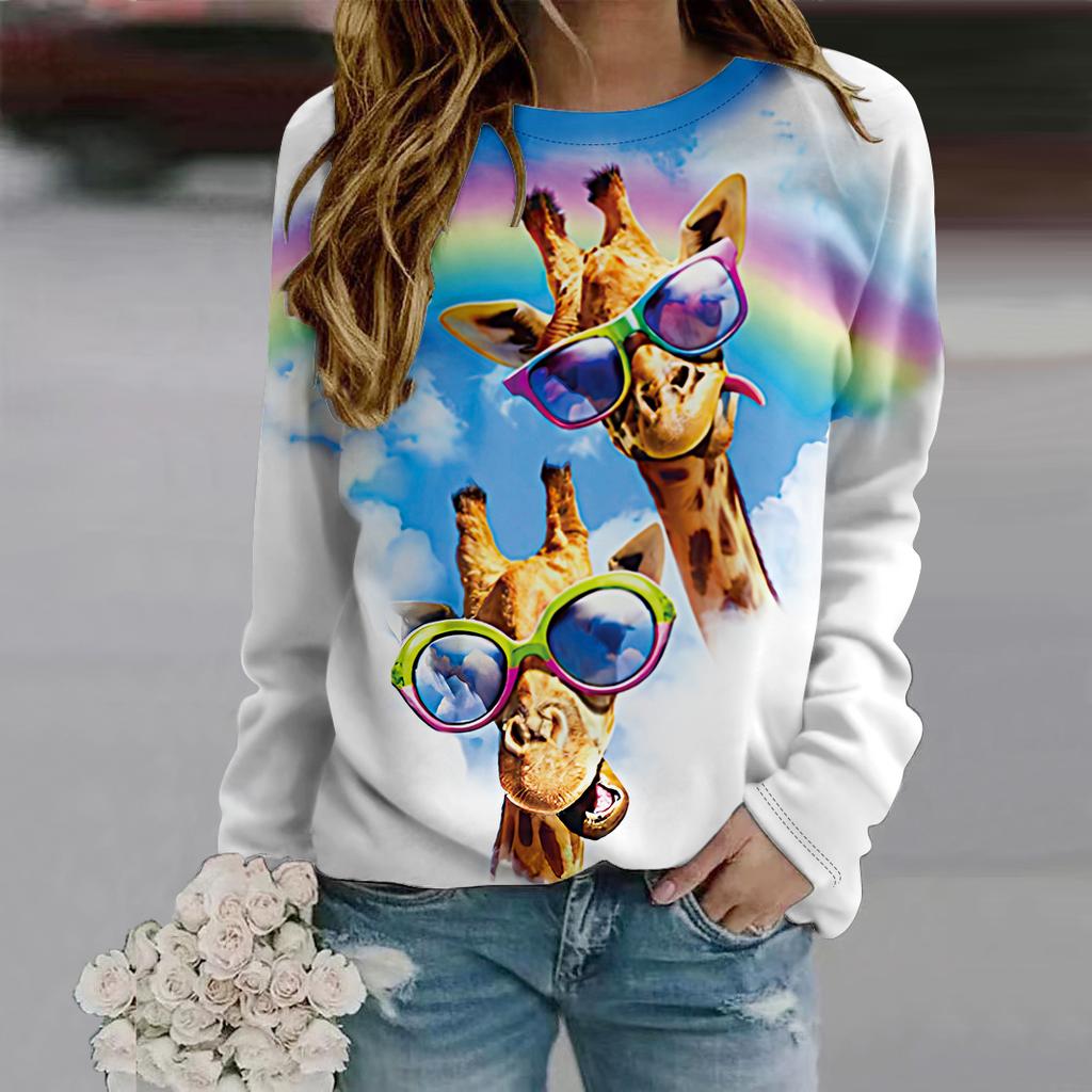 Осенняя женская мода с круглым вырезом и длинным рукавом, свободная одежда, футболка с принтом жирафа