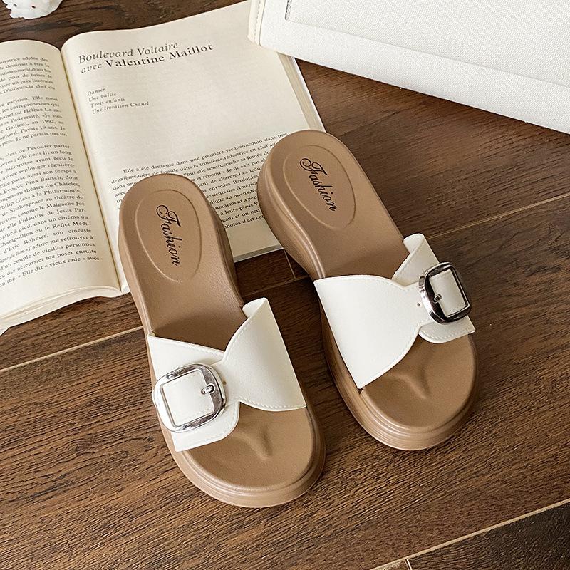 Женские модные шлепанцы с пряжкой, на танкетке, на платформе, обувь, удобные пляжные туфли, тапочки