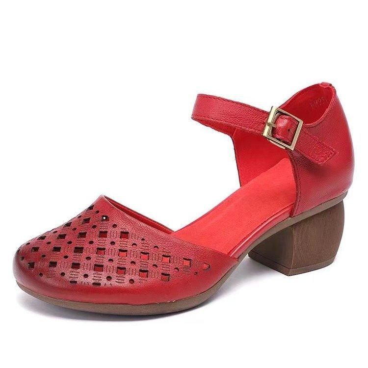 Baotou Hollow Roman Thick Heel Sandals Women's 2024 Summer New Thick Heel Leather Surface Retro Hollow Round Head Mother Shoes