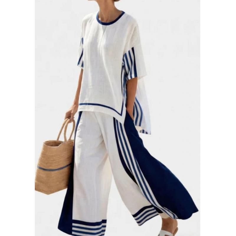European and American summer women's clothing new 1D printing striped color matching medium-sleeved round neck top straight casual suit