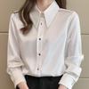 New Fashion Long Sleeve Turn Down Collar White Satin Blouse Shirt Women Tops Shirts J310