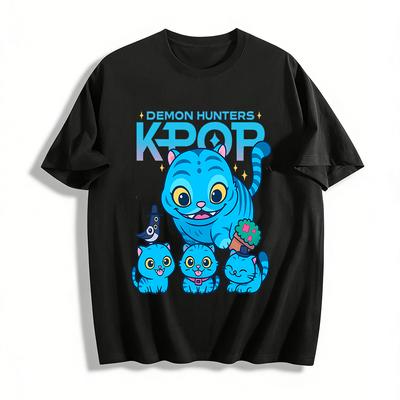 KPOP Охотники на демонов Мультяшная синяя кошачья семья Принт Футболка Унисекс Повседневная Свободная Короткий рукав Верх Чисто хлопковая футболка
