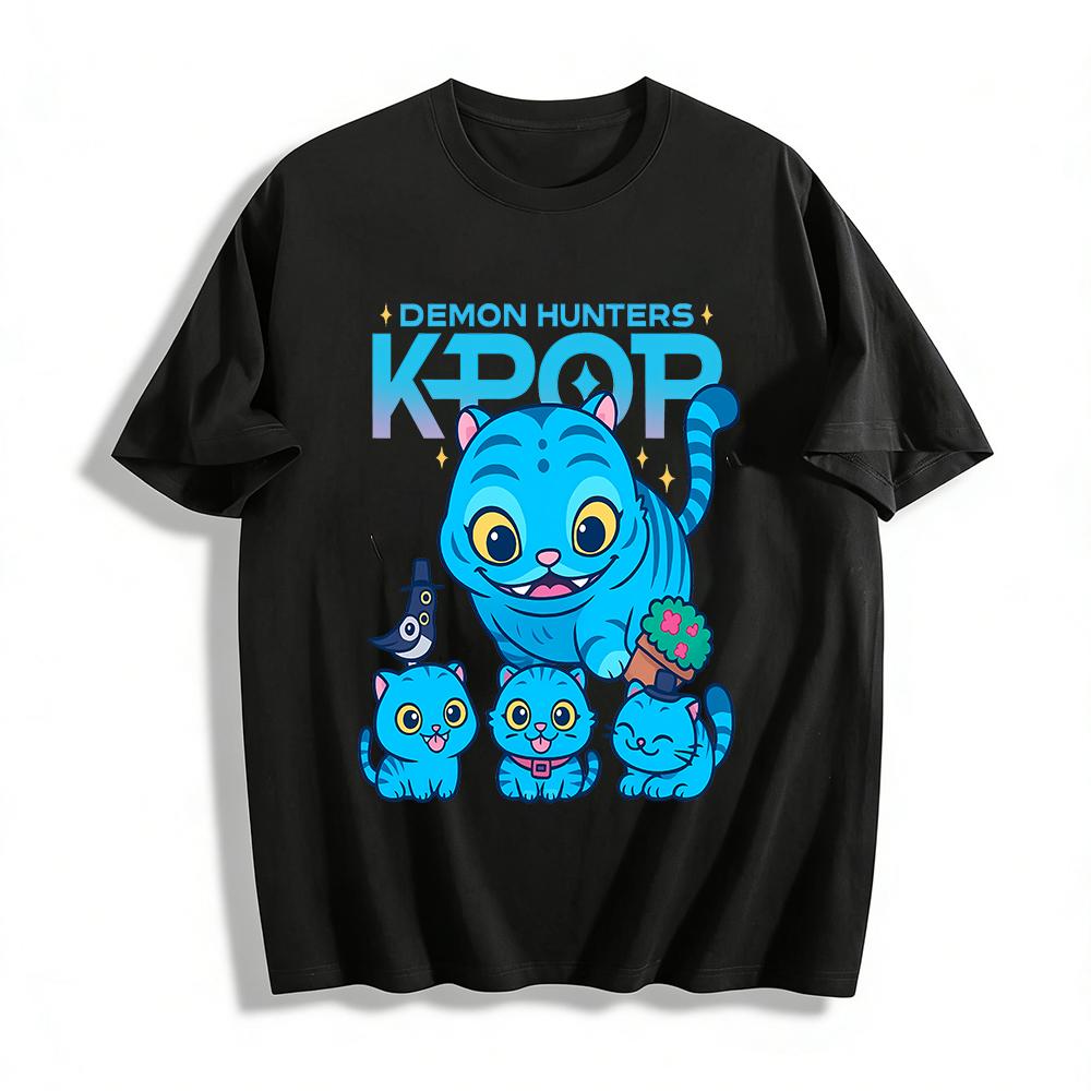 KPOP Охотники на демонов Мультяшная синяя кошачья семья Принт Футболка Унисекс Повседневная Свободная Короткий рукав Верх Чисто хлопковая футболка
