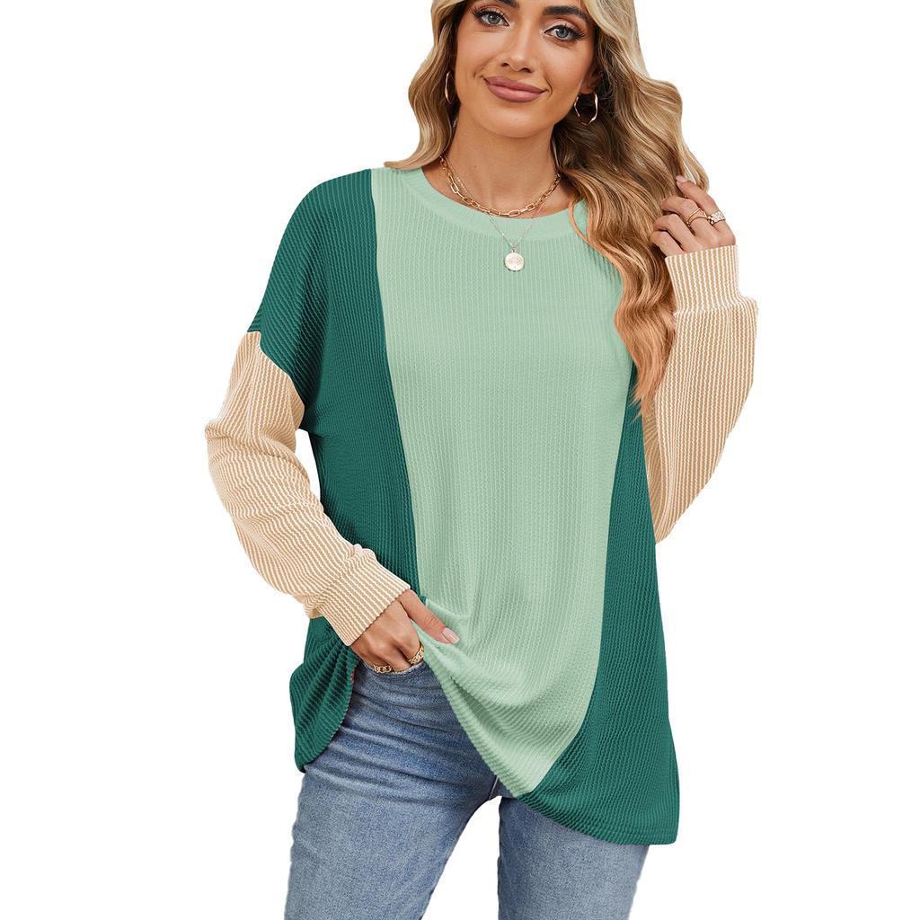 Осенняя женская блузка с круглым вырезом, свободный пуловер с длинным рукавом
