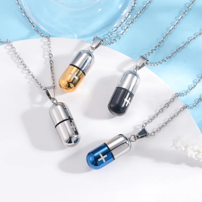 Stainless Steel Jewelry Cross Capsule Medicine Pills Pendant Cremation Urn Necklace for Ashes Bottle Pendant for Ash Jewelry