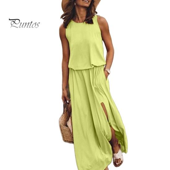 Женское летнее платье с плиссировкой, круглым вырезом, без рукавов, однотонное, свободное, с разрезом, макси-платье, повседневная одежда для свиданий, вечеринок, длинное платье