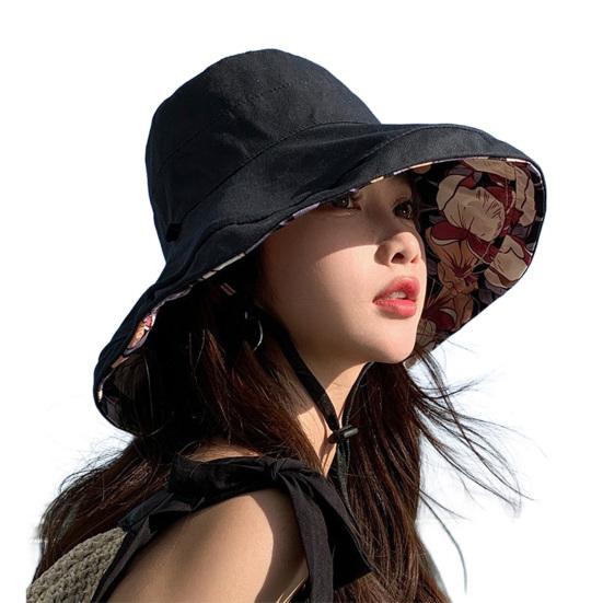 Bucket Hat Reversible Double-Sided Wearable Fisherman Hat with Large Brim Built-In Soft Steel Wire Adjustable Windproof Rope Sun Blocking Hat
