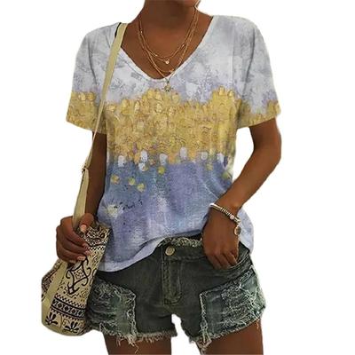 Футболка с текстурированным принтом для женщин, летний повседневный пуловер с v-образным вырезом, полосатые футболки с рисунком, женские уличные рубашки большого размера, свободные женские топы