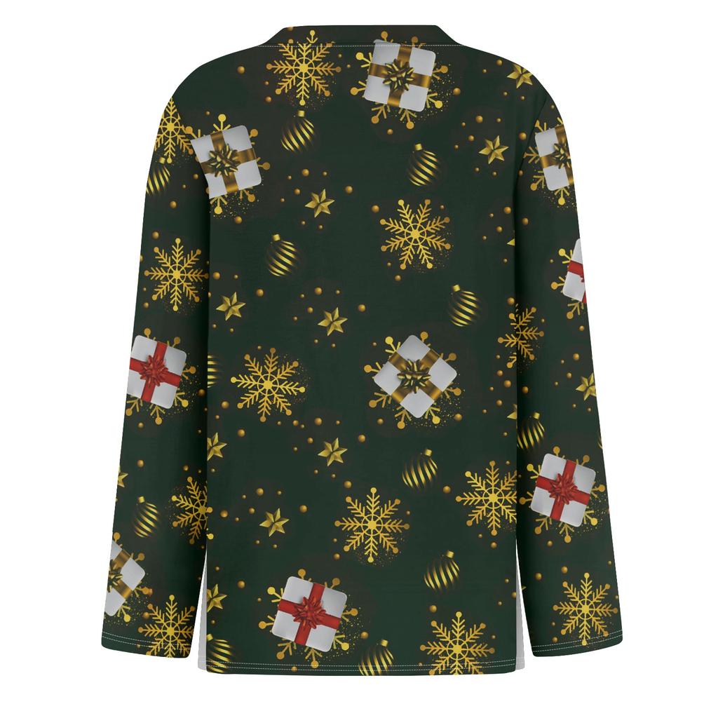Women's Fashion Casual Slit Hem Round Neck Long Sleeve Loose Printed T-Shirt Ladies Top Christmas