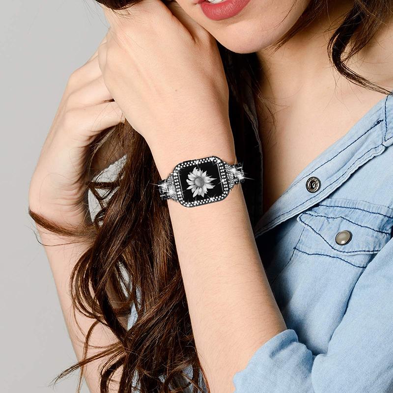 For Apple Watch Series 7 41mm 5 Rows Stainless Steel Rhinestone Decor Dual-layer Clasp Watch Band+PC Watch Case