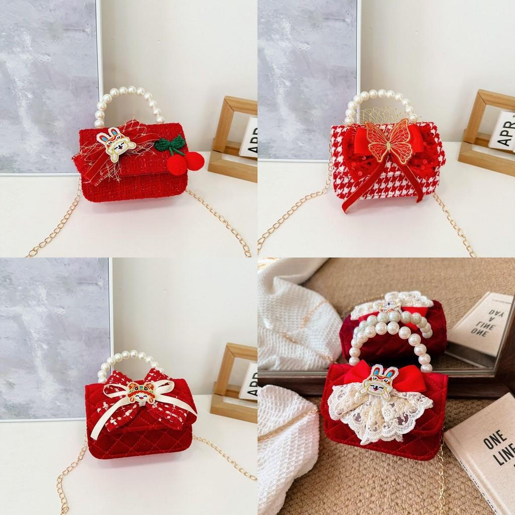 Red Delightful Cute Bowknot Childrens Handbag With Trendy Chain And Pearl Handle