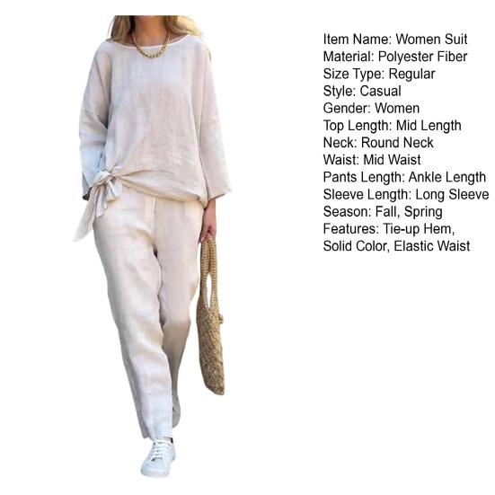 2 шт./компл. Женский костюм топ и брюки однотонный с длинными рукавами и круглым вырезом