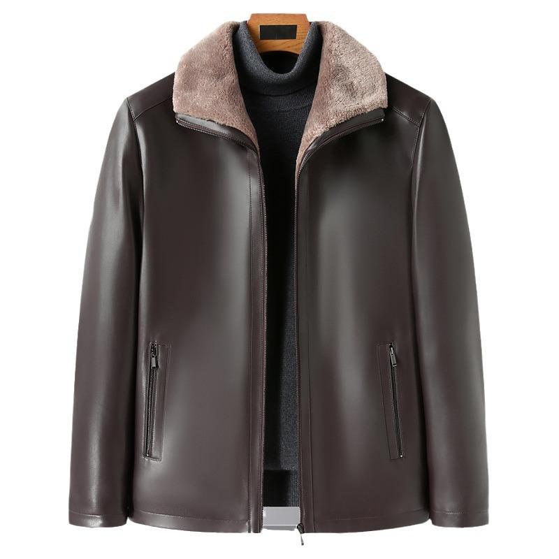 New Leather Jacket for Men with Velvet and Thickening for Middle-aged and Old Men with Fur Integrated Winter Daddy Lapel Warm Leather Jacket