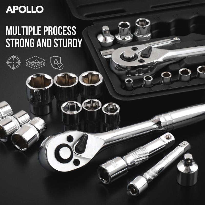 Apollo 46 шт./22 шт. Набор торцевых ключей с приводом 1/4" и 3/8", Профессиональный набор инструментов из стали Cr-V в компактном черном кейсе для ремонта автомобилей