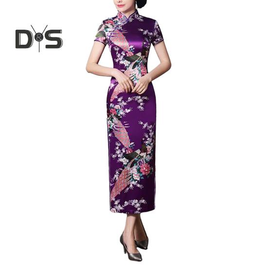 Women Dress Chinese National Style Floral Print Stand Collar Short Sleeves High Side Split Chinese Knot Buttons Cheongsam Satin Silky Slim Fit Summer