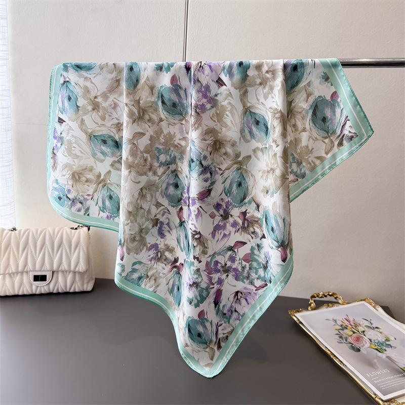 70*70cm Women's Imitation Silk Square Scarf Soft Satin Print Wrap Foulard Neckerchief Bandannas Hair Skinny Tie Hijab Shawls