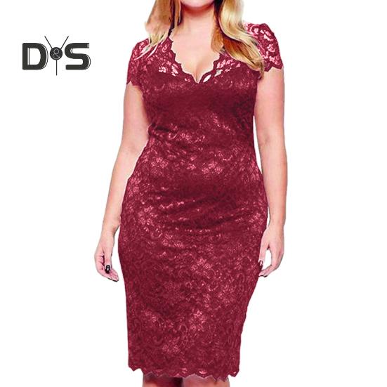 Summer Women See Through Lace Patchwork Mini Dress V Neck Short Sleeve Slim Fit Plus Size Party Dress Female Clothing