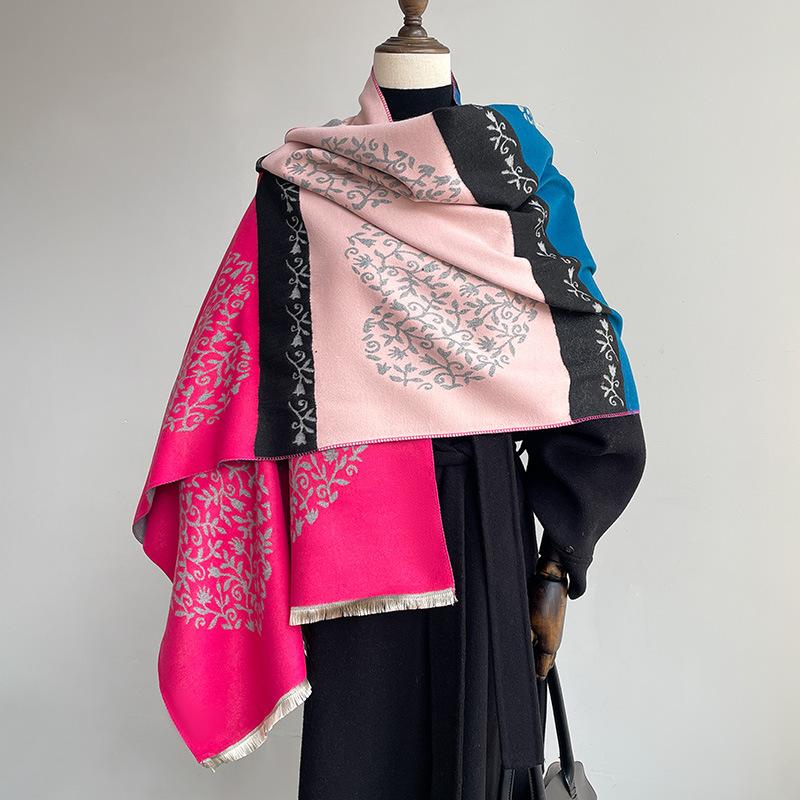 Heart-Shaped Contour Floral Simple Contrasting Colors Korean Women'S Thermal Scarf Fashionable High-End Shawl