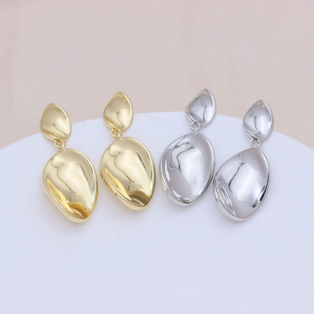 Gold-Tone S925 Silver Oval Ripple Earrings - European & American Style