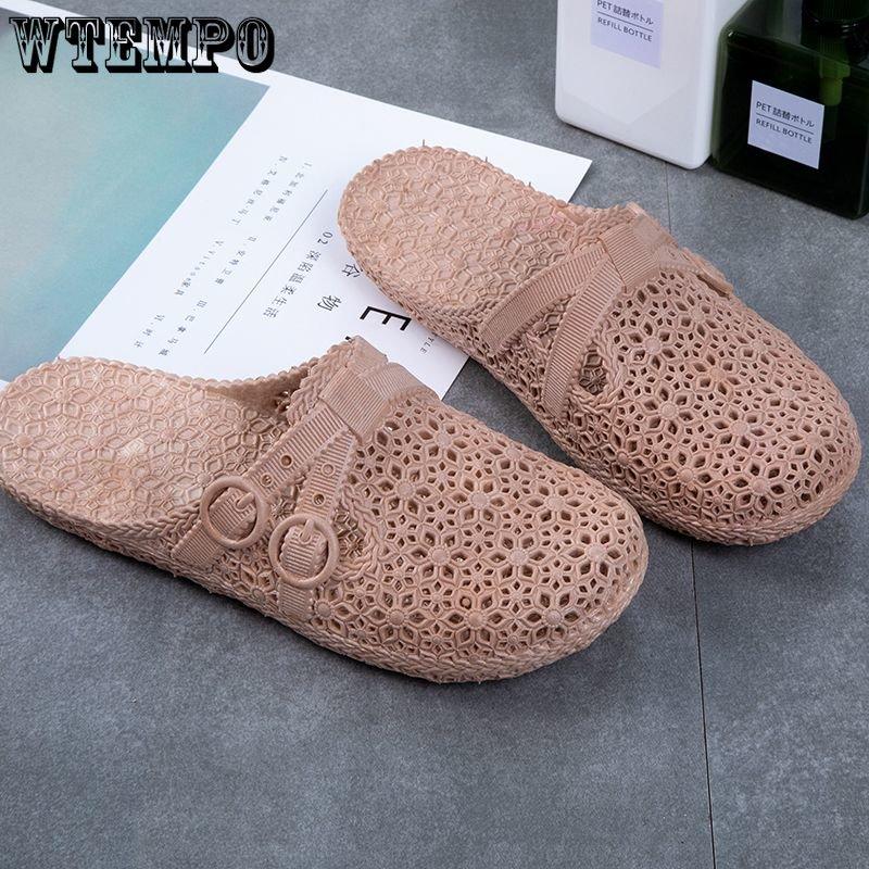 Шлепанцы из ПВХ, женская верхняя одежда, обувь с дырочками, летние сандалии с мягкой подошвой и толстой подошвой, домашние тапочки для ванной комнаты с полым носком, уличные пляжные шлепанцы