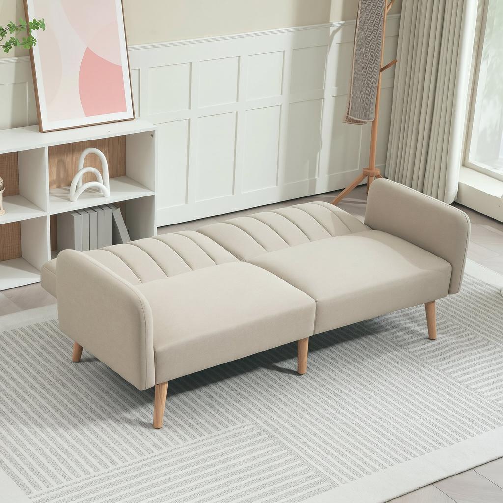 Sofa Bed, 2-Seater, Synthetic Linen, Adjustable Backrest, Detachable Arms, 173 x 75 x 73 cm, Beige