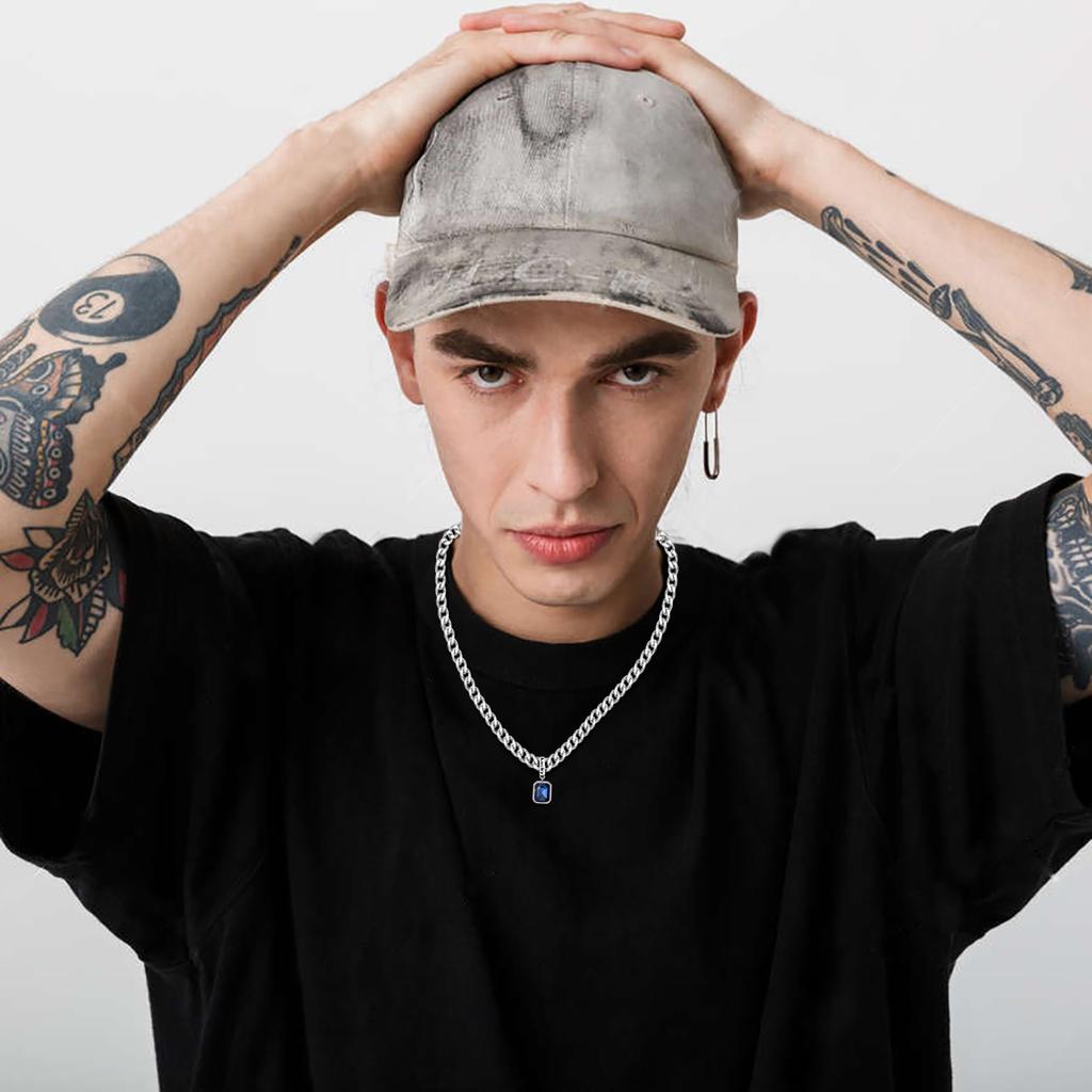 Geometric Square Blue Stone Pendant Necklaces, Stainless Steel Lucky Collar, Unisex Cuban Link Chain Chokers