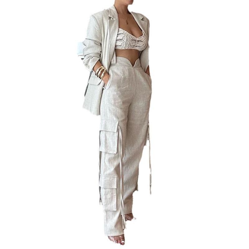 European-American Fashion Apricot Two-Piece: Multi-Pocket Suit Trousers with Loose Ribbon Pants (2024 Collection)