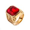 Men's Titanium Steel Ring Hip Hop Rock Red Large Gemstone Masonic Jewellery Accessories Gold Rapper Finger Ring